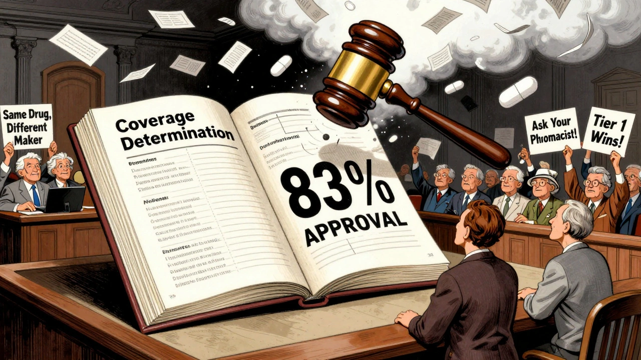 Courtroom scene with formulary book and approval letters raining down, patient and pharmacist facing off