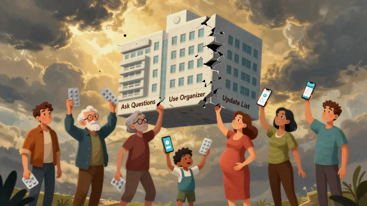 Diverse patients holding pill organizers and apps, lifting a hospital with symbols of safety actions forming a human chain.