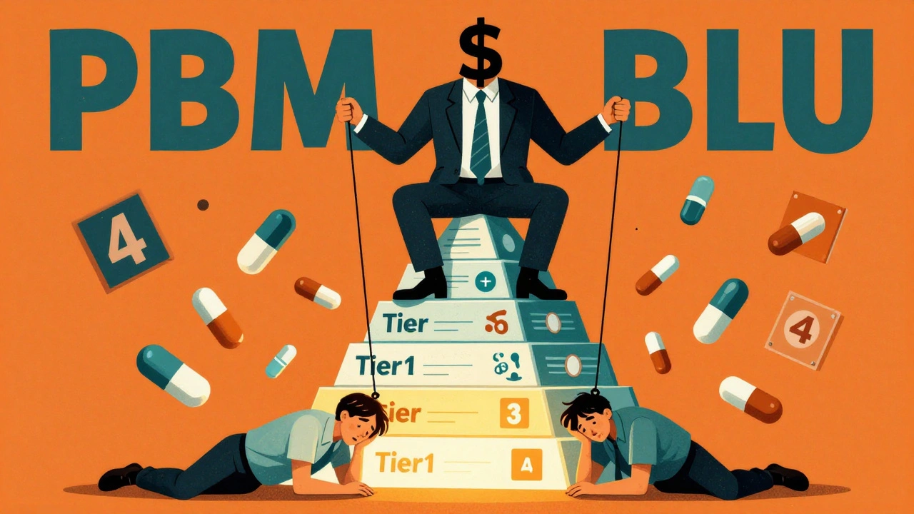 Faceless PBM executive controls drug tiers with dollar-sign strings above a worried patient.