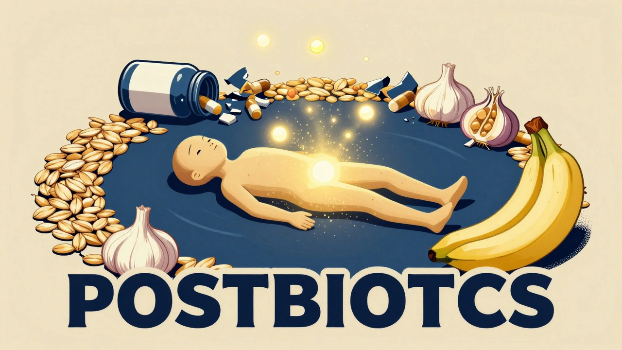 Glowing postbiotic particles protect a patient while broken probiotic bottles and healthy foods surround them.