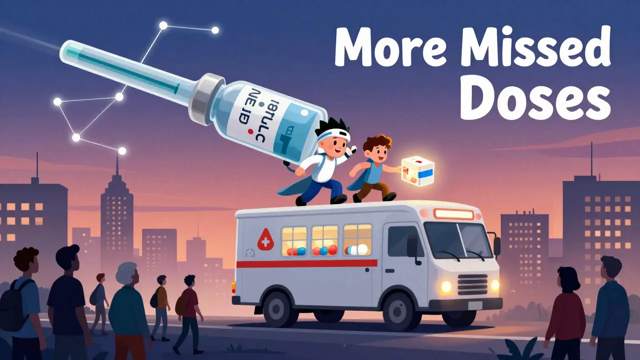 Heroic medication vials deliver pills via a mail truck over a city, helping diverse people stay healthy.