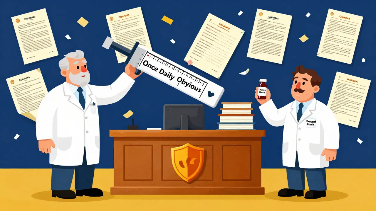 In a stylized courtroom, a pharma giant defends a dosing patent against a generic maker holding a vial labeled 'Unexpected Result'.