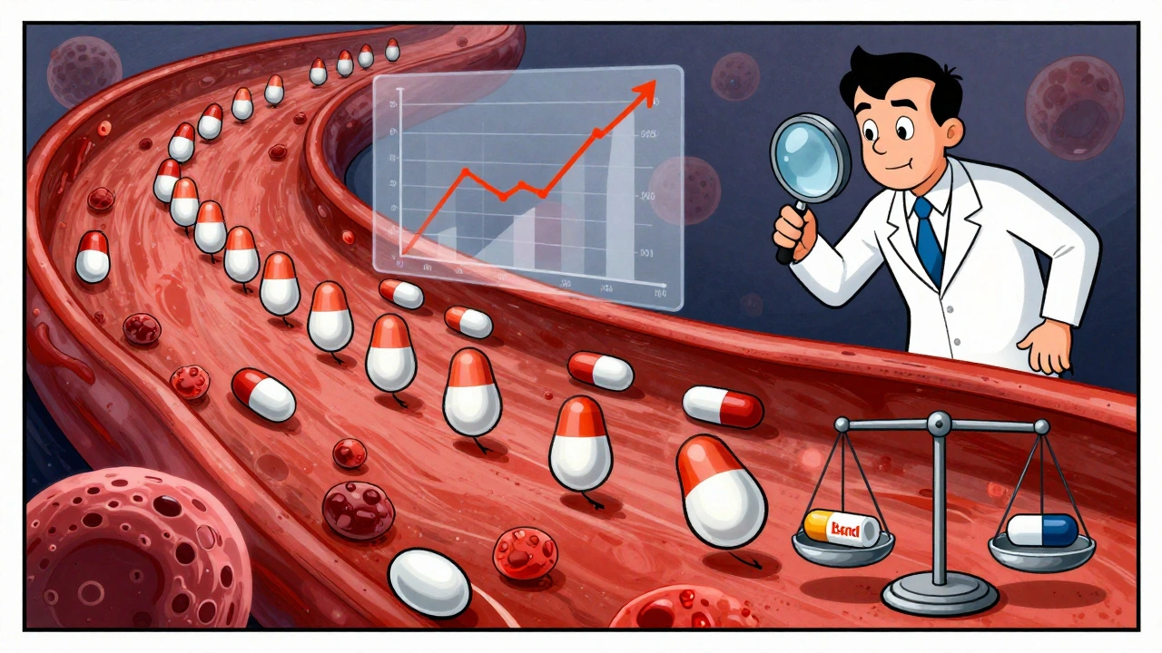 Microscopic generic drug molecules march in sync with an FDA inspector, balancing brand and generic drugs in a stylized bloodstream scene.