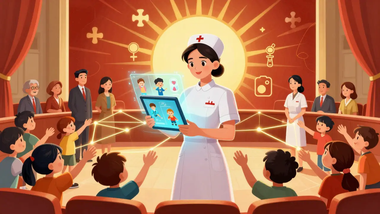 Nurse stands at center of school auditorium, holographic health plans of children glow around her