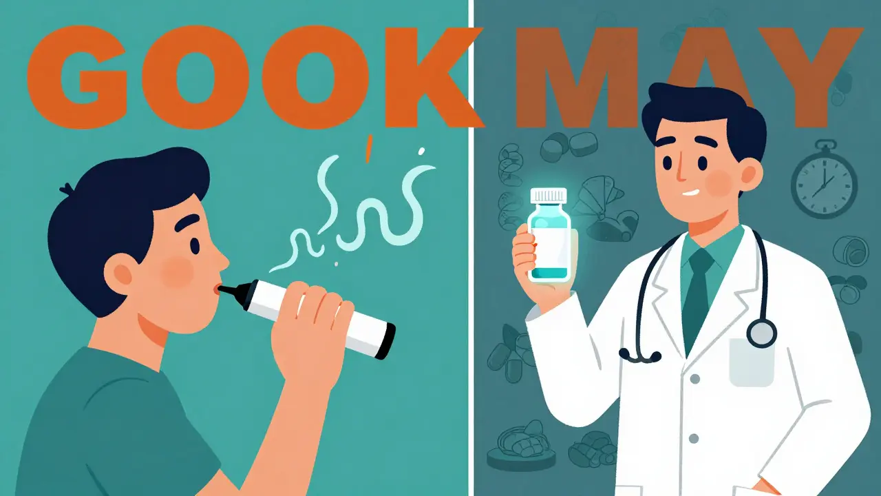 Patient blowing into breath analyzer with gas spikes; doctor holds antibiotic vial beside clock and dietary icons.