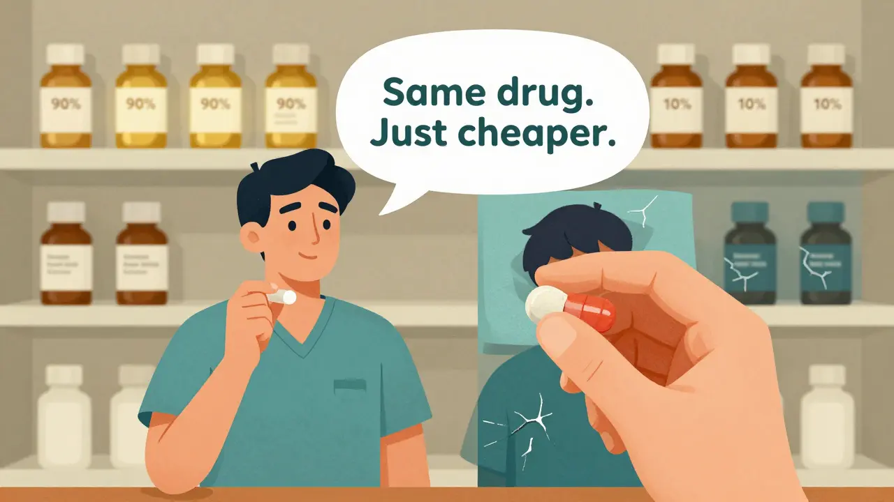 Patient holding both generic and brand pills, with healthy and ill versions of themselves on either side.