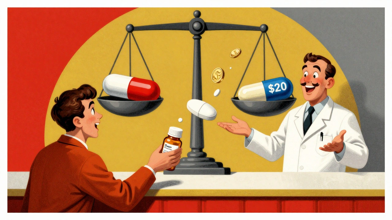 Patient surprised as brand-name pill transforms into generic at pharmacy counter with cost scale in background.