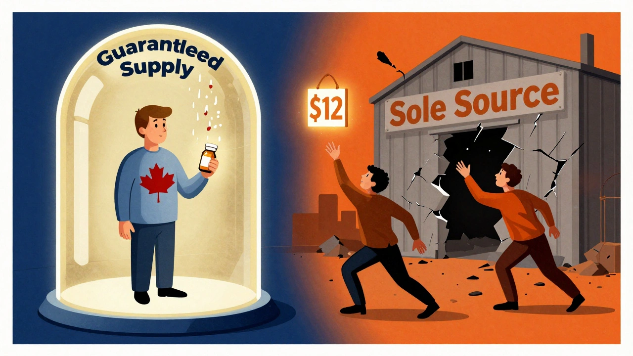 Patient under guaranteed supply dome in Canada versus another reaching for a flickering price tag in a collapsing U.S. warehouse.