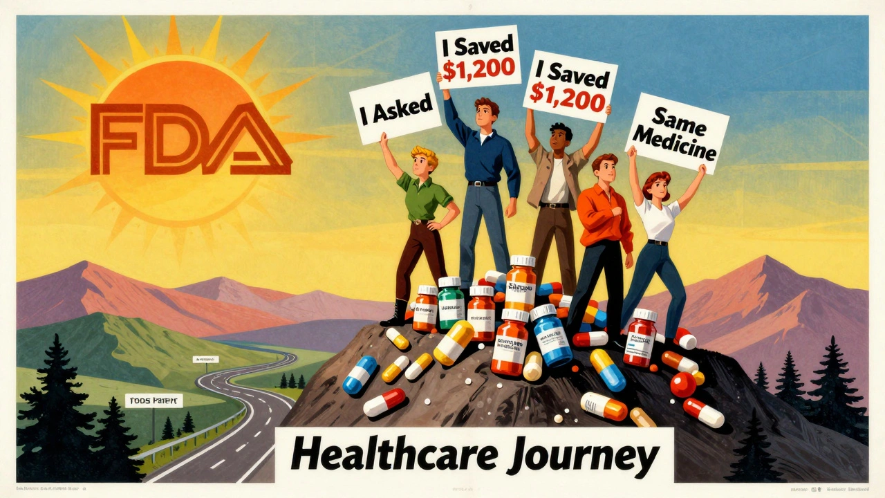 People holding empowerment signs atop pile of discarded brand pills, walking toward sun shaped like FDA seal.