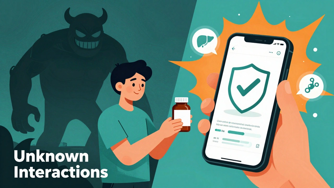 Person scanning a supplement label with a phone, revealing a shield of safety on one side and a shadowy threat on the other.