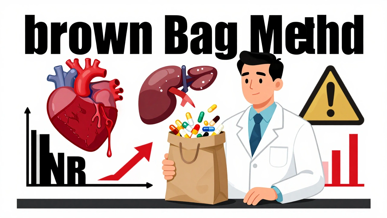 Pharmacist holding a brown bag of medications and supplements, with floating warning symbols in dramatic poster art style.