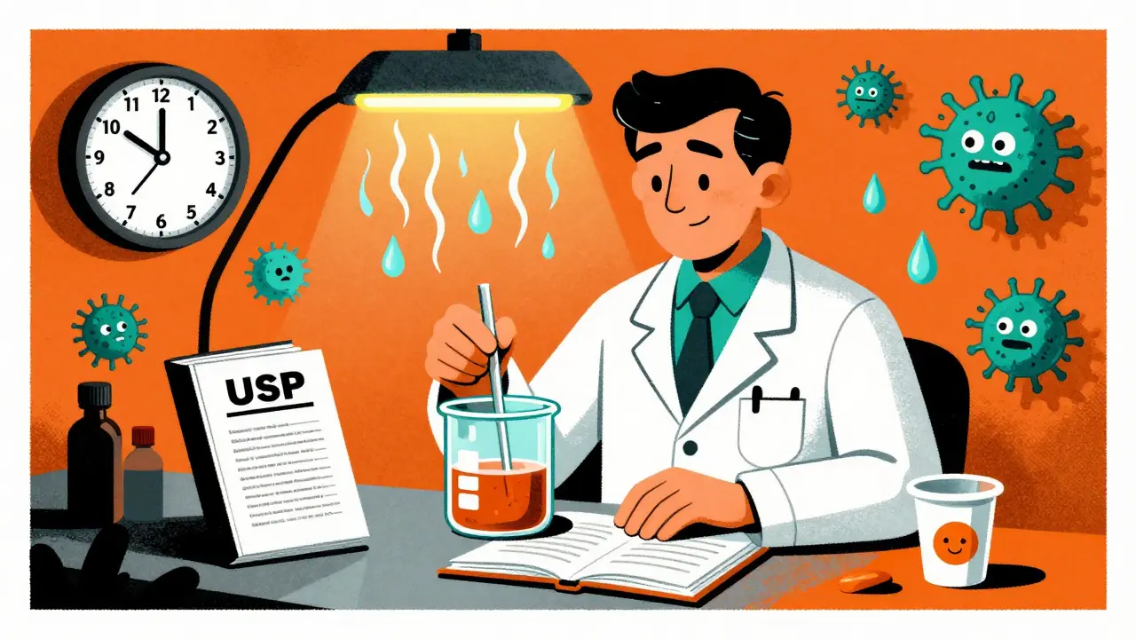 Pharmacist mixing liquid medication in a lab, with clock and warning icons floating nearby.
