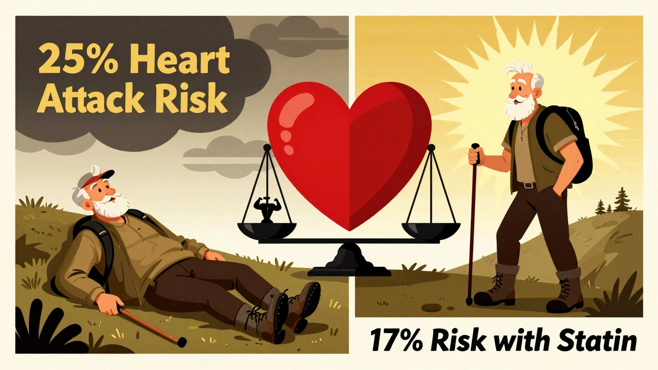 Split image: a man’s heart attack risk drops from 25% to 17% with statin use, shown as a journey from collapse to hiking.