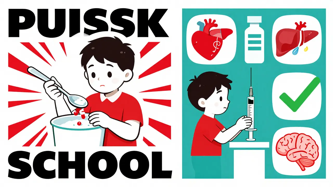 Split image: child being dosed with a kitchen spoon versus a calibrated syringe, with warning lines and safety icons.