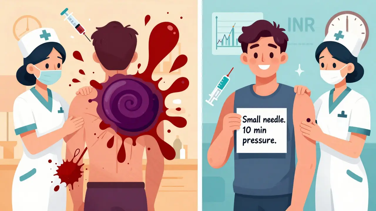 Split image: one side shows large bruise from improper vaccine technique, other side shows clean injection with checklist.