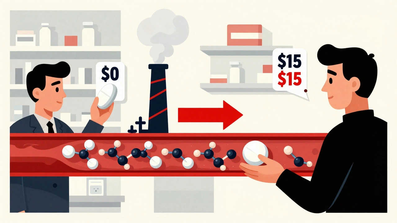 Split image showing same person taking brand and generic pills with price tags and identical molecules in bloodstream.