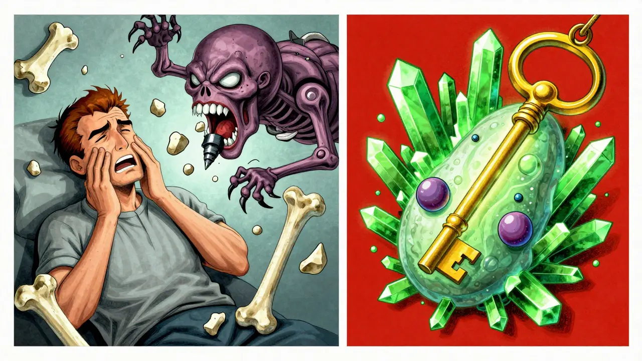 Split scene: bone destruction vs. healing bone growth triggered by a golden molecule in bold graphic style.
