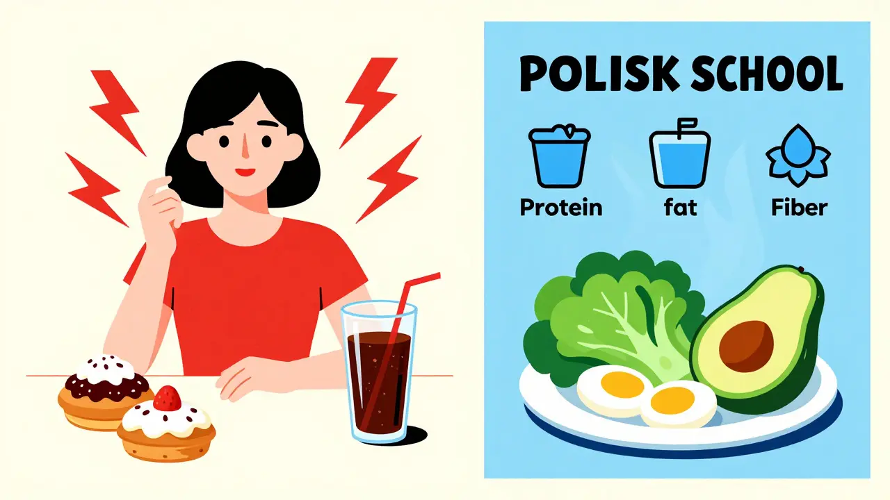 Split scene: chaotic sugary foods vs balanced plate with veggies and protein in stylized poster art.
