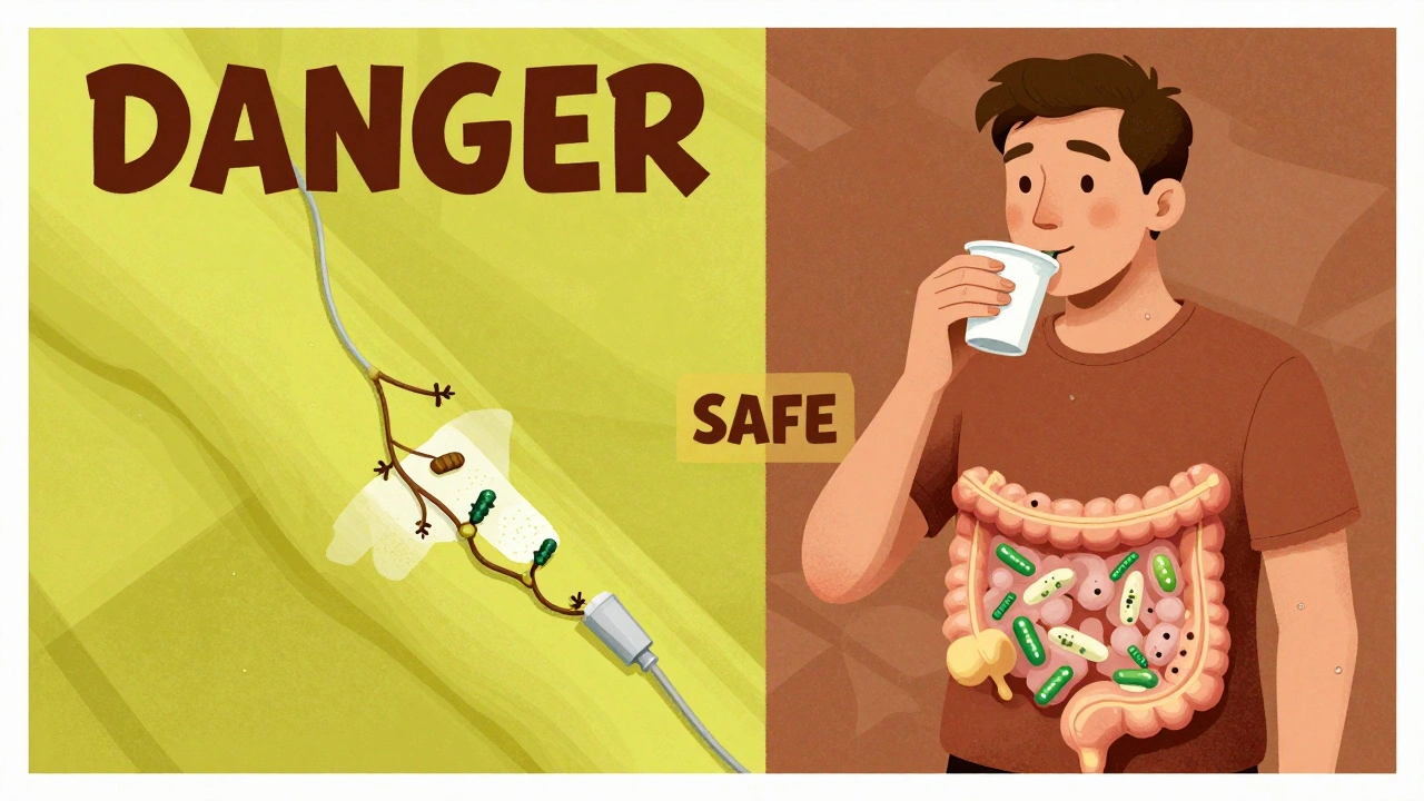 Split scene: dangerous probiotic infection via catheter vs. safe gut bacteria in healthy person.