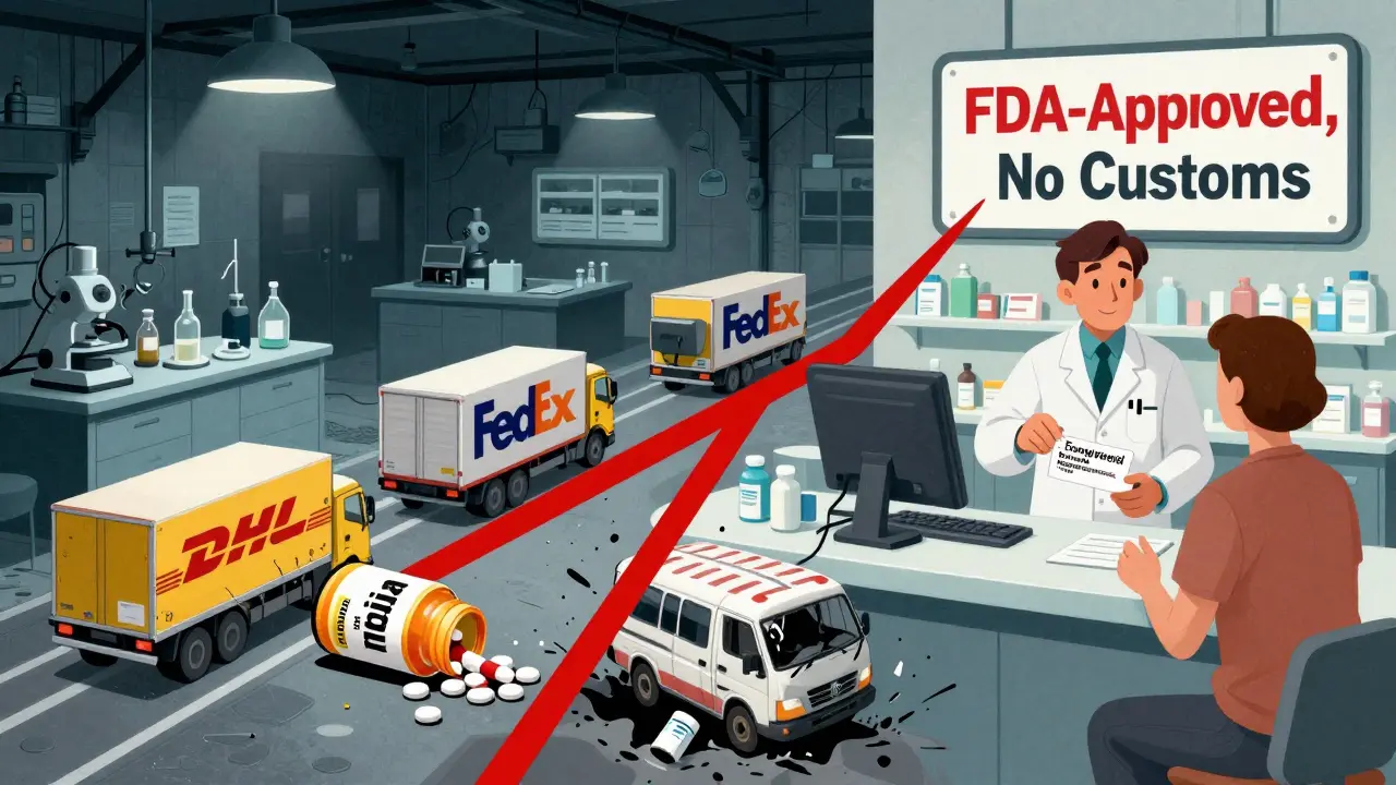 Split scene: illegal foreign pharmacy on one side, safe U.S. pharmacy on the other, divided by a red line with shipping carriers on the safe side.