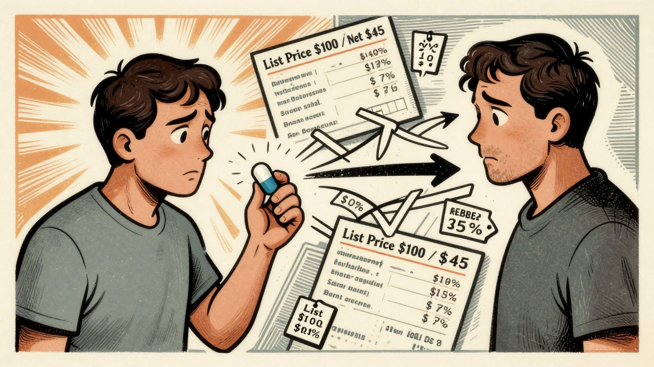 Split scene: patient with generic pill glowing on one side, tangled pricing web on the other.