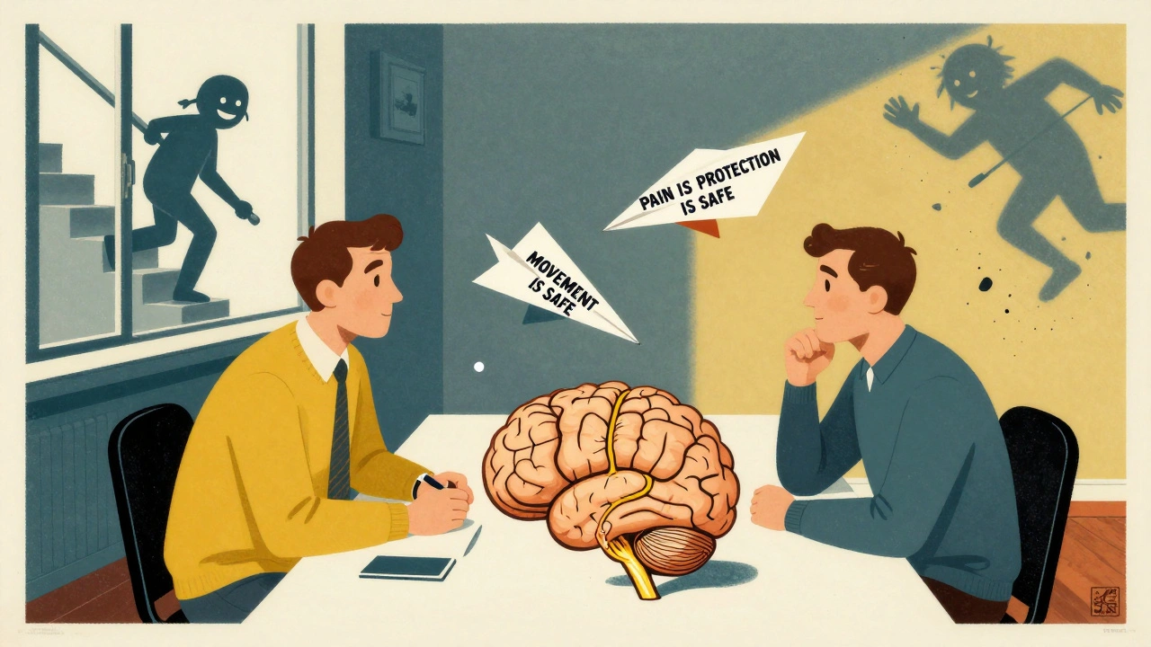 Therapist and patient discuss pain science using brain-shaped table and floating diagrams.