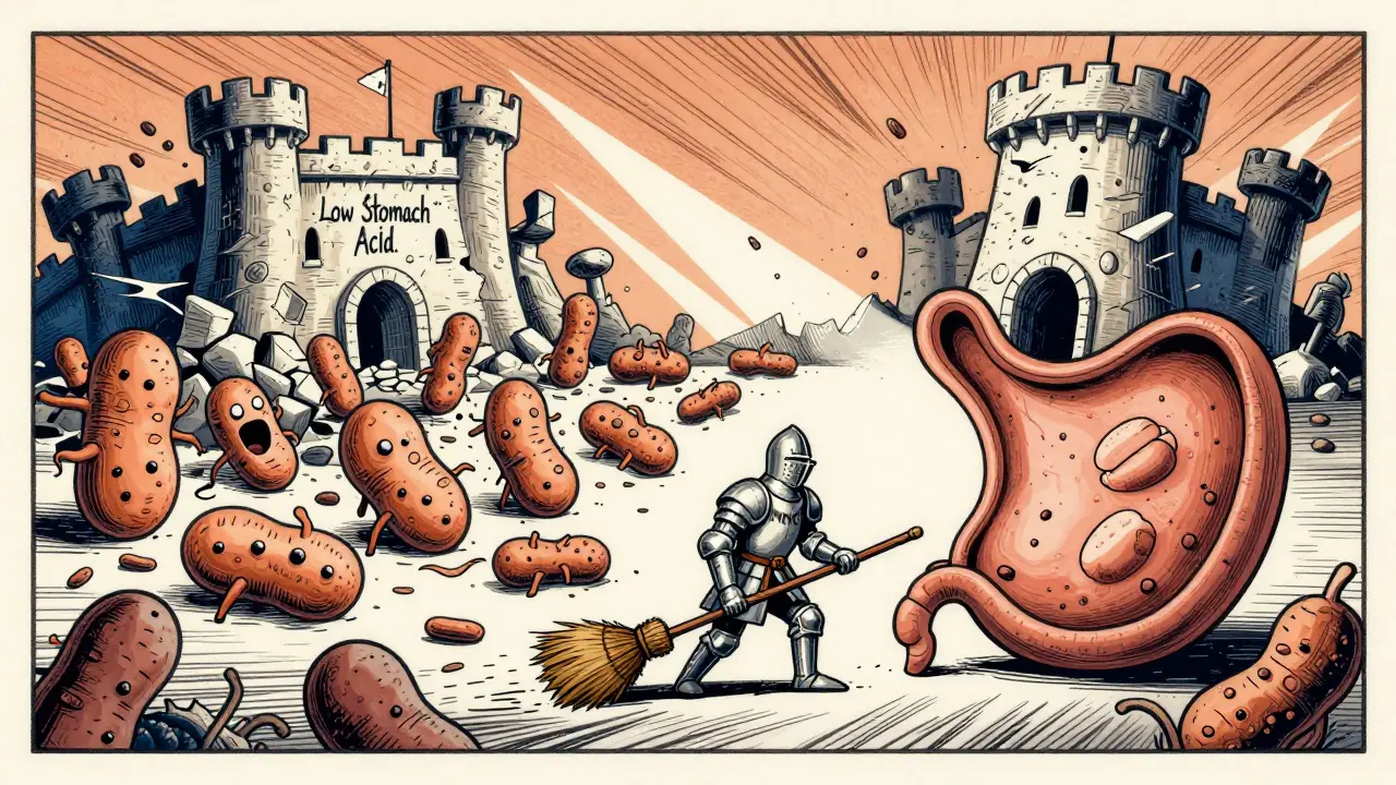 Tiny knight sweeps bacteria with ginger broom as castle of low stomach acid crumbles in stylized gut battlefield.