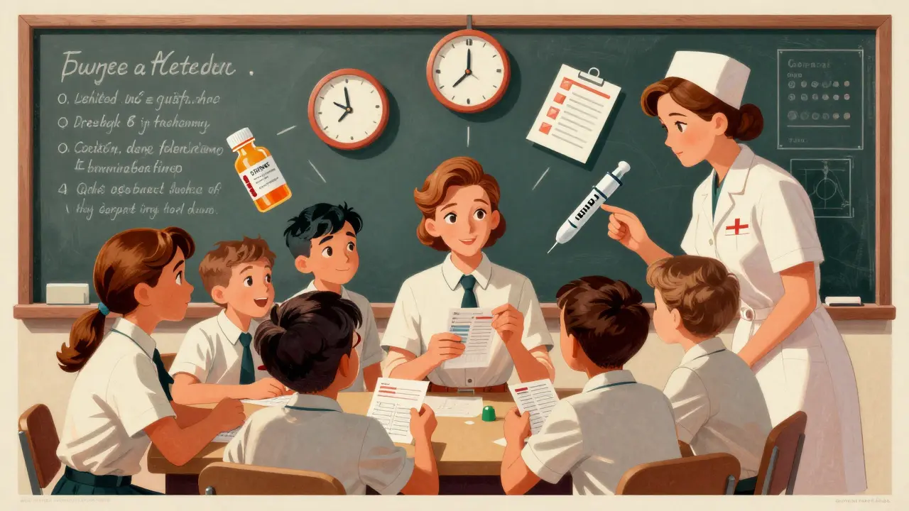 Trained aides learn to verify medication labels with nurse, floating icons of safety protocols