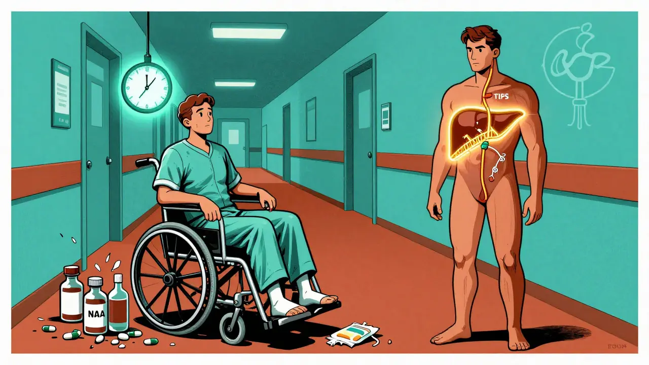 Two patients in a hospital hallway: one facing rapid decline from Type 1 HRS, the other benefiting from a TIPS procedure, illustrated in bold poster style.