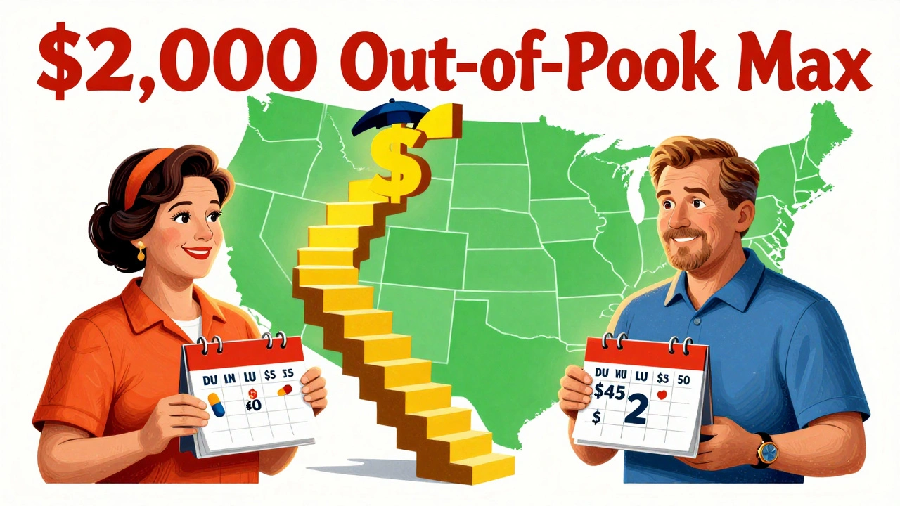 Two seniors celebrating lower drug costs with calendar visuals and a ,000 out-of-pocket cap staircase