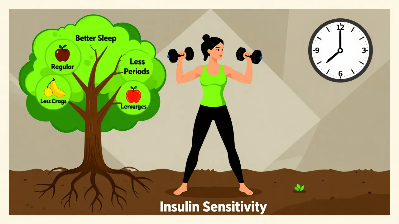 Woman lifting weights with tree roots growing into insulin sensitivity soil, symbolic fruits rising above.