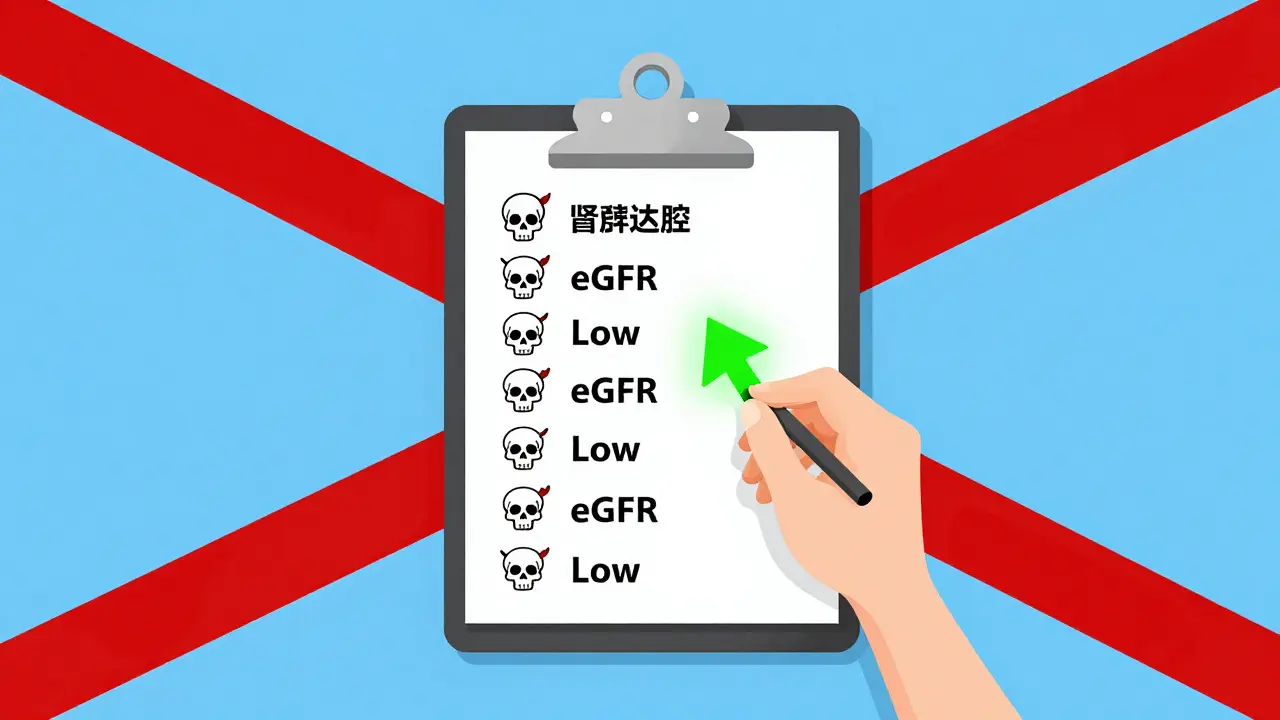 A doctor's checklist with dangerous medications marked by skulls, contrasted with a safe alternative.