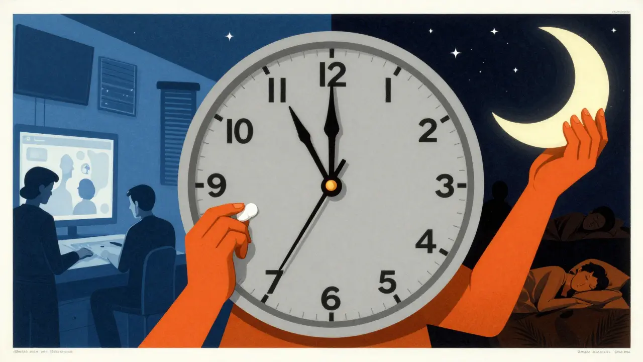 A giant clock with human-arm hands showing 7 p.m. and 2 a.m., contrasting awake and asleep scenes.