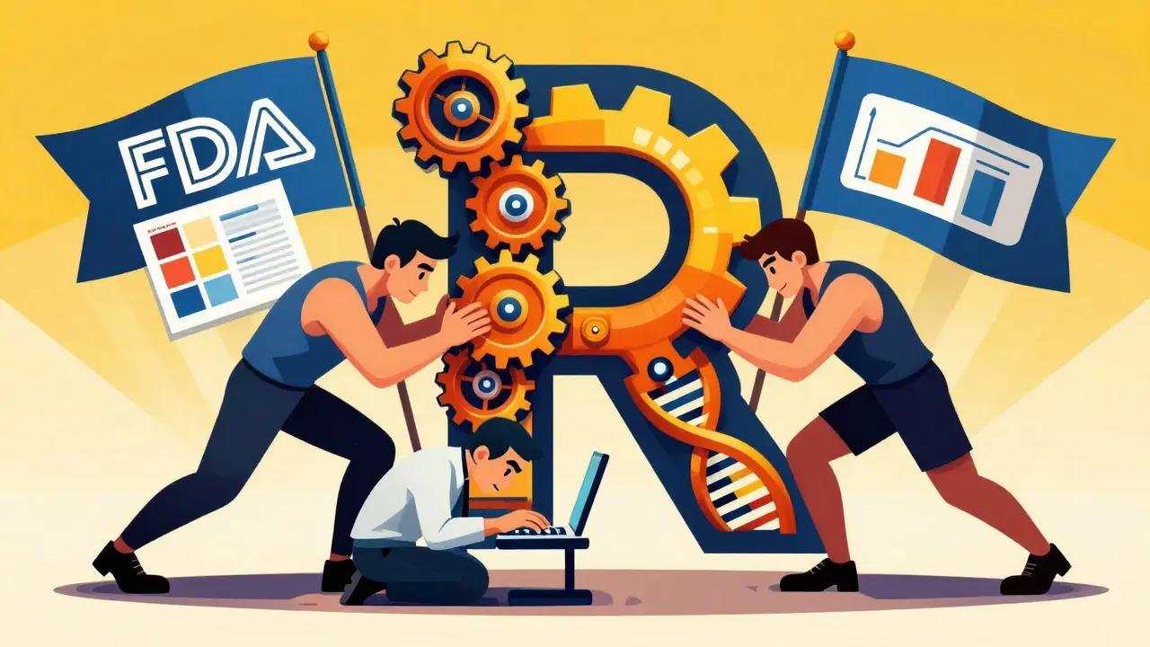 A giant R software logo made of gears and DNA, towering over a statistician as FDA and EMA flags clash in dramatic poster style.