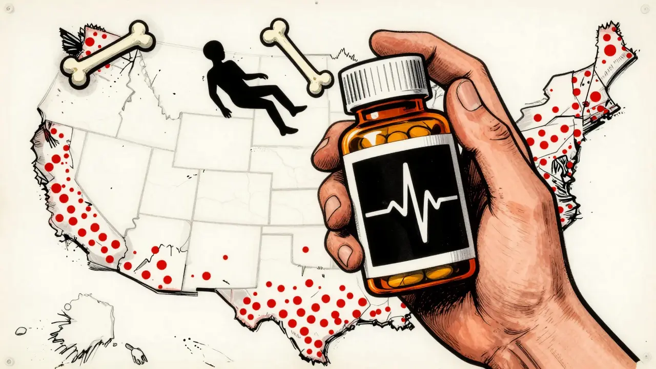 A hand holding a pill bottle with a glowing black box warning, surrounded by floating medical risk symbols in abstract form.