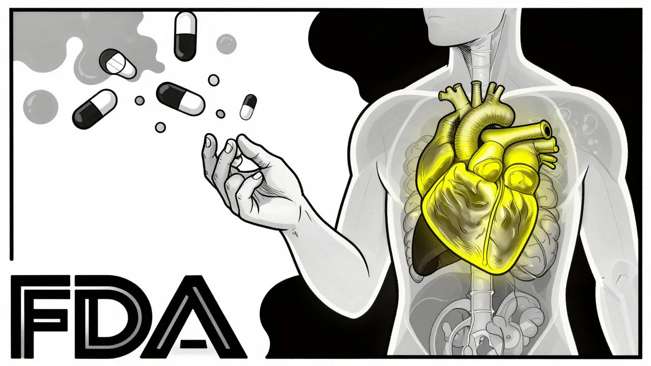 A patient's hand holding a pill with internal organs glowing in harmony, while generic pills dissolve into shadowy blobs.