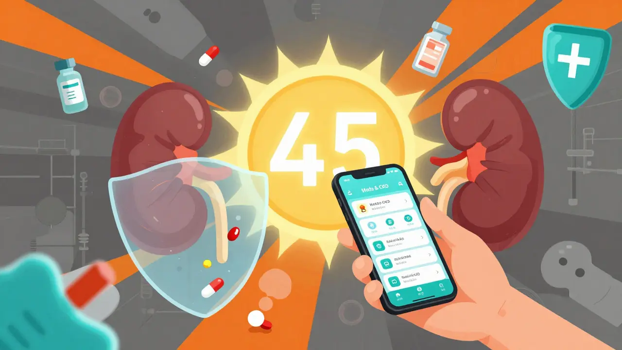A patient scanning medications with an app that shields their kidneys, glowing eGFR number in center.