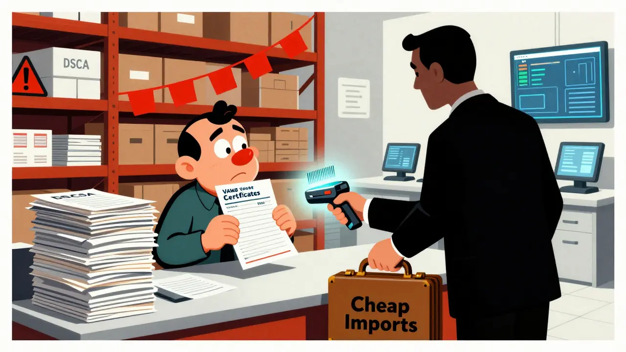 A pharmacist rejecting a briefcase of fake drugs, holding a barcode scanner, with chaotic and clean supply chain scenes behind them.