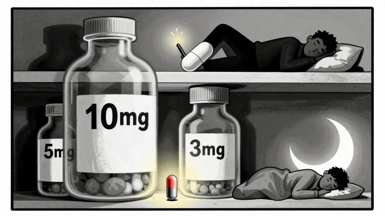 A pharmacy shelf with oversized melatonin pills towering over a tiny 0.5mg capsule, symbolizing dosage imbalance.