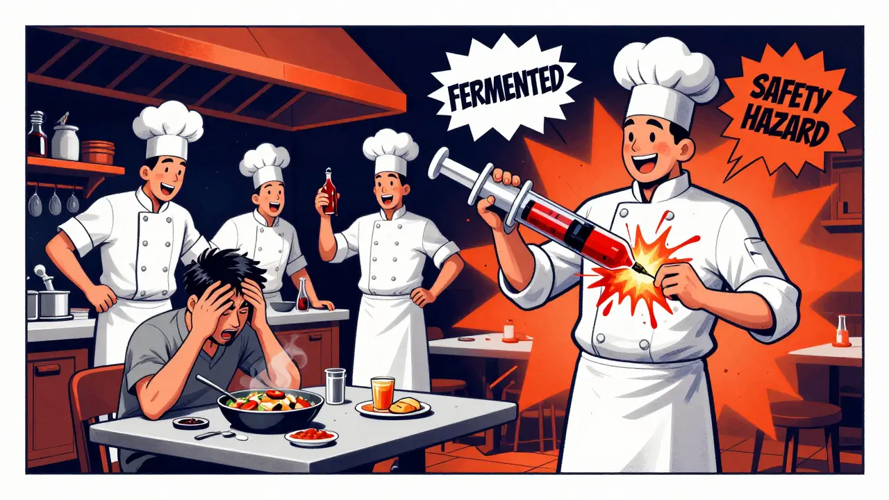 A restaurant kitchen where chefs add hidden tyramine-rich sauces, while a diner experiences a hypertensive crisis with dramatic red energy bursts.
