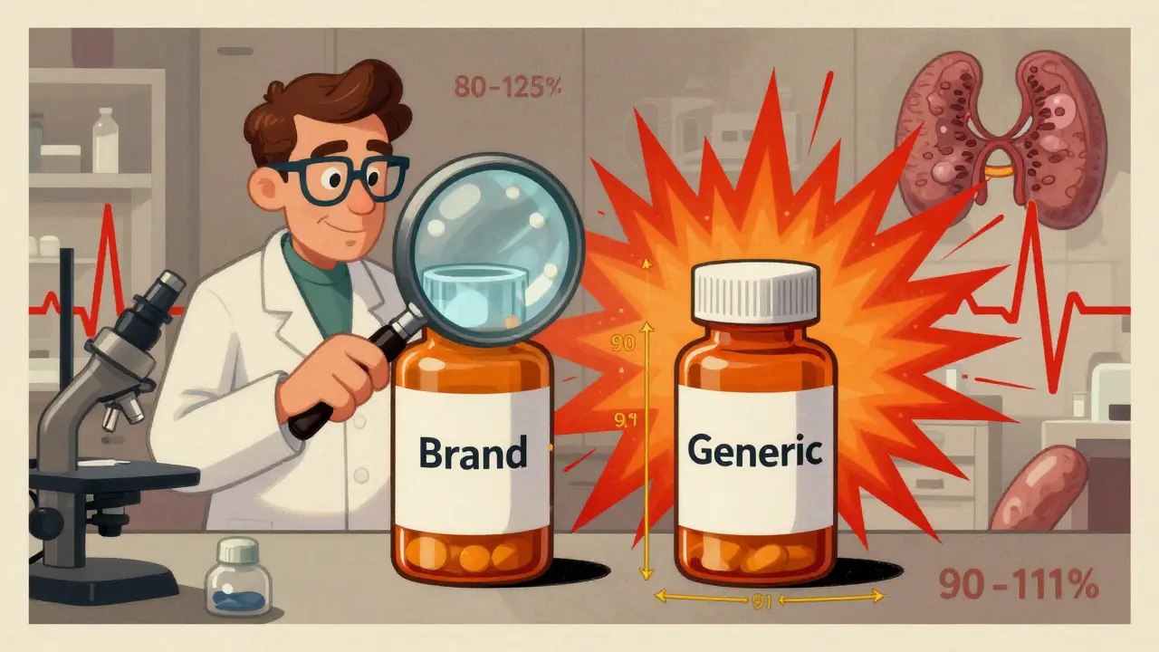 A scientist comparing pill bottles with narrow bioequivalence range in gold, contrasting with chaotic wider range in red.