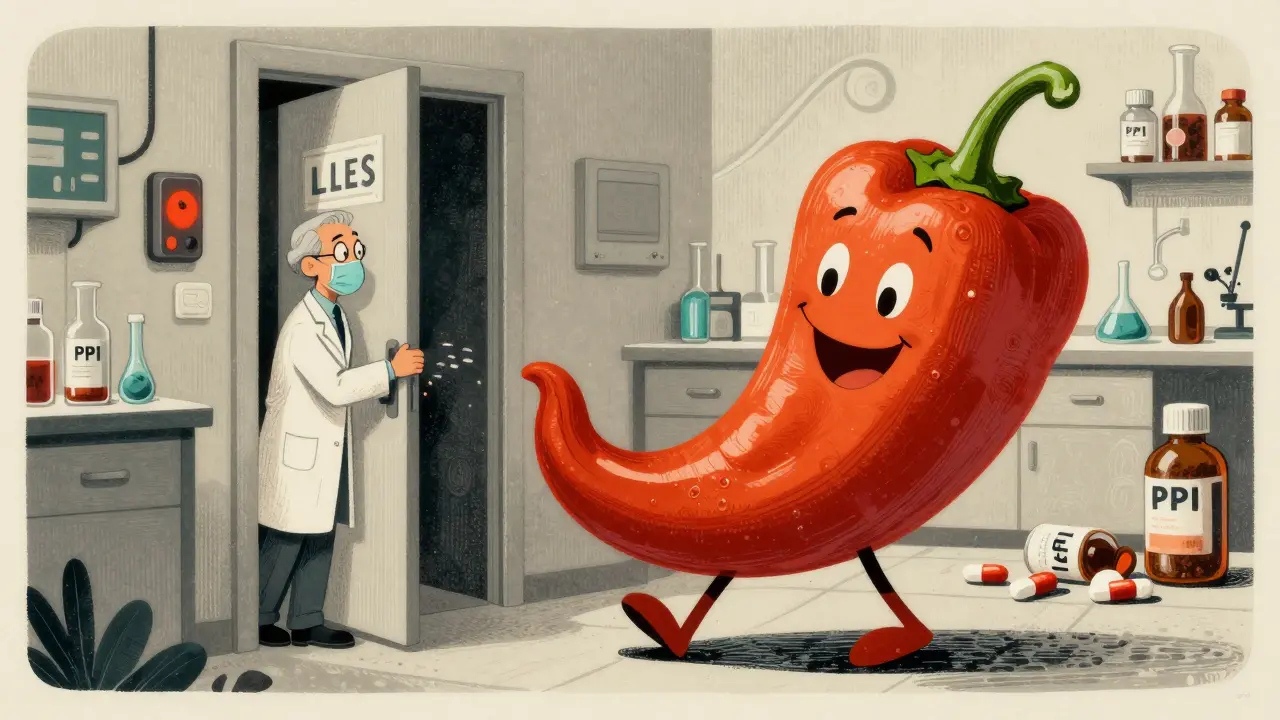 A scientist training a large chili pepper to pass through a narrow door labeled 'LES' while discarded pills lie nearby in stylized poster art.