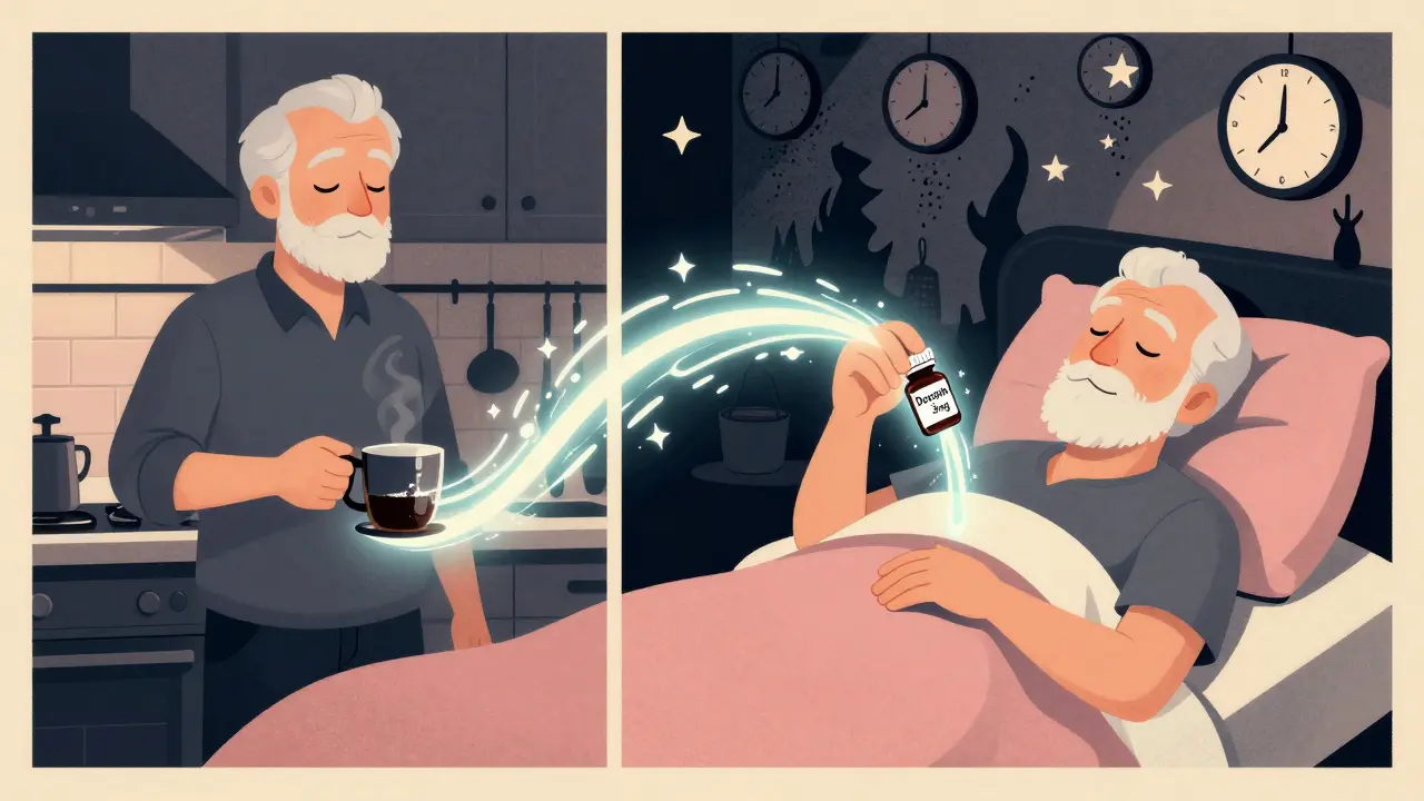 A senior man sleepwalking versus peacefully sleeping with a low-dose doxepin bottle glowing beside him.