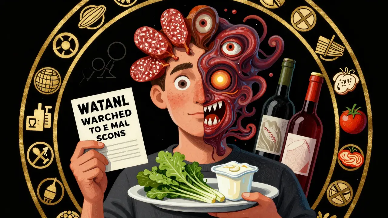 A split portrait of a person choosing safe foods versus being consumed by dangerous fermented foods, illustrated with bold symbolic shapes and medical warnings.