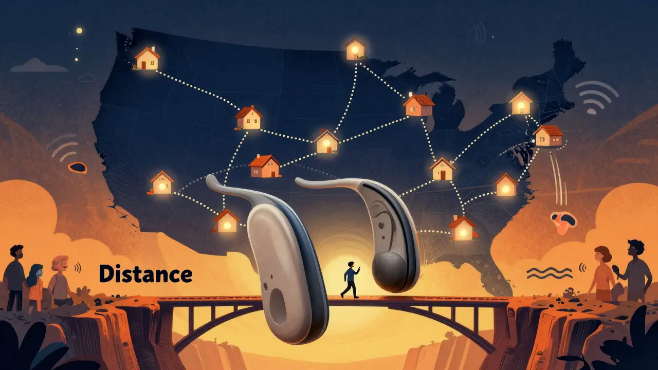 A stylized U.S. map connects rural homes to clinics via glowing digital pathways, with hearing aids forming a bridge over distance.