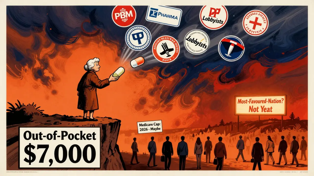 An elderly woman stands at a financial cliff, clutching a half-pill as corporate logos swirl above, with a sign reading 'Medicare Cap: 2026 - Maybe' in the distance.