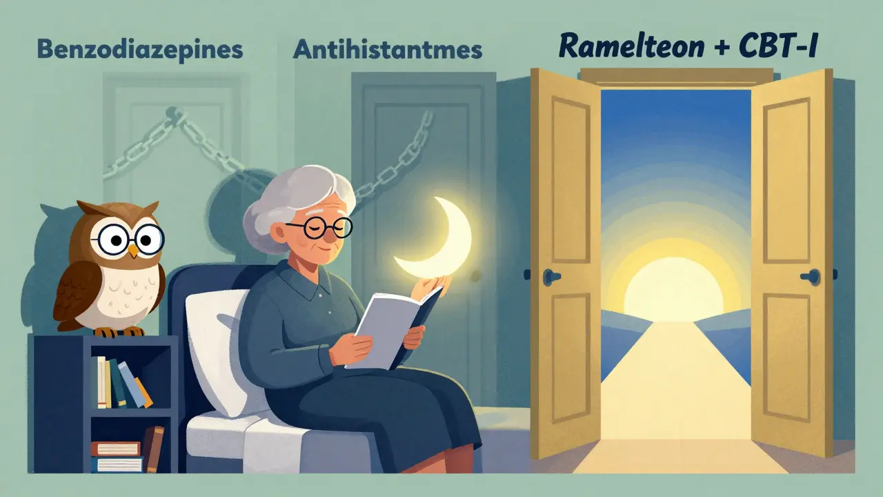 An elderly woman with a sleep diary, guided by an owl holding a CBT-I leaflet, as unsafe meds are blocked.