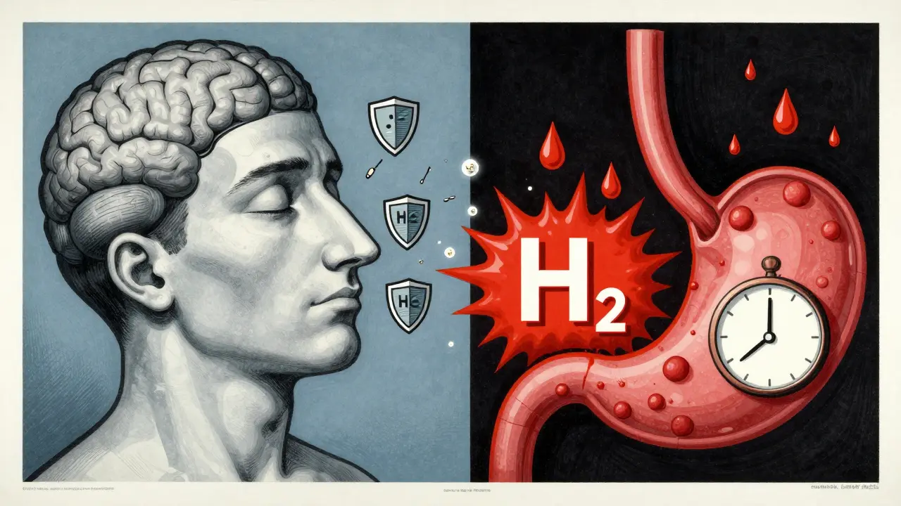 Anatomical split-body diagram showing H1 and H2 blockers blocking histamine in nose and stomach