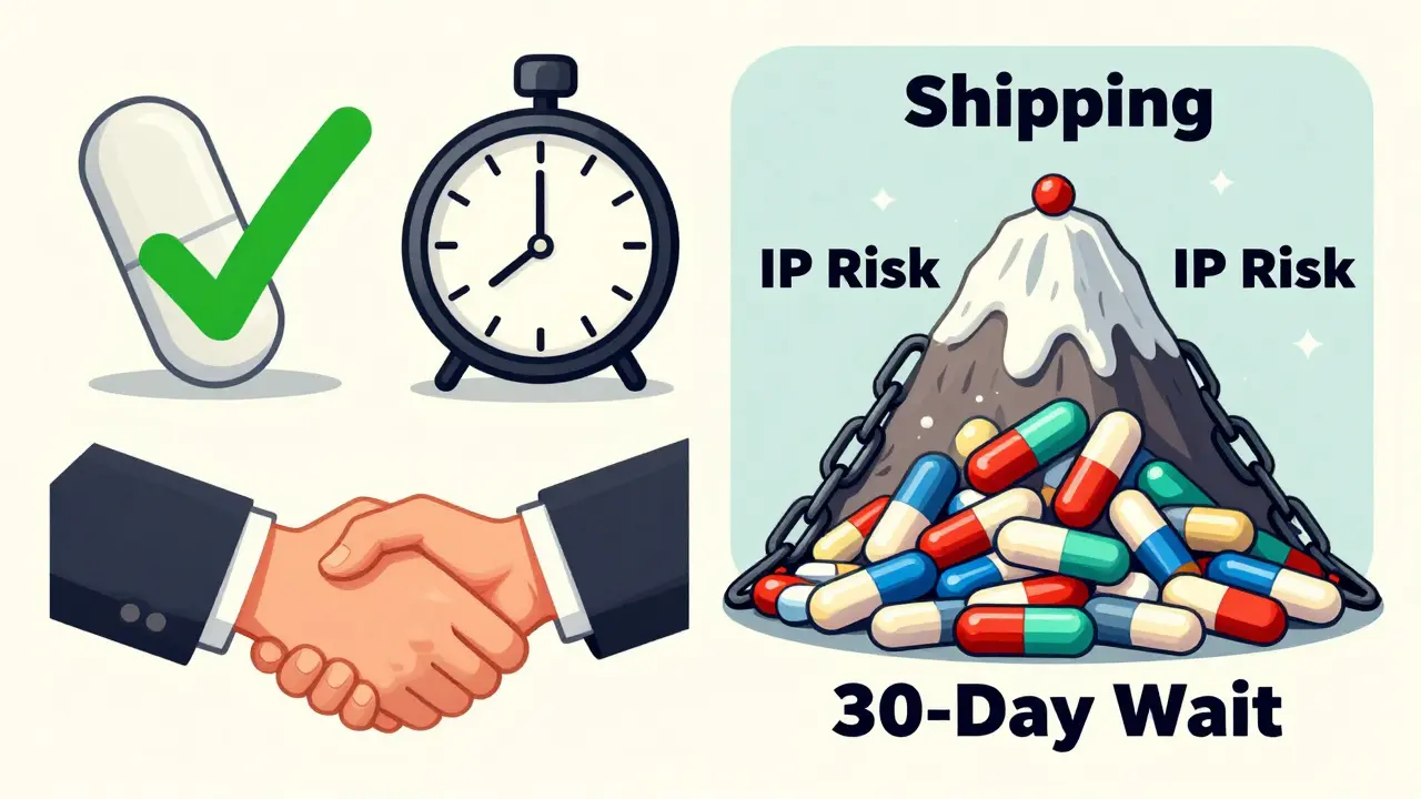 Balanced scale comparing domestic drug quality with overseas risks like delays and intellectual property loss.