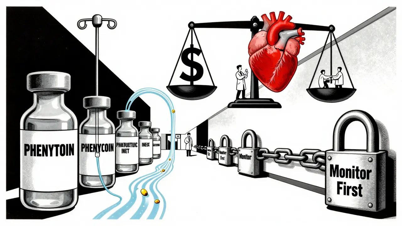 Chemotherapy vials flow safely while restricted drugs are chained, heart vs dollar scale above in stark poster art.